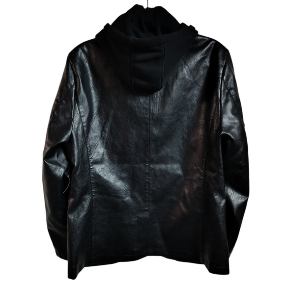 Fried Denim NYC Men's Black Faux Leather Jacket w Removable Jersey Knit Hood M - Picture 2 of 5